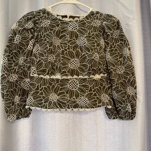 Express Olive and White Textured Floral Lace Blouse